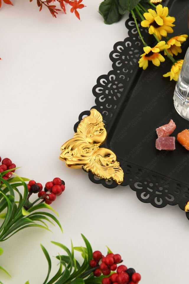 ORO Siyah Dantel Kenarlı Oyma Detaylı Dikdörtgen Dekoratif Sunum Tepsisi