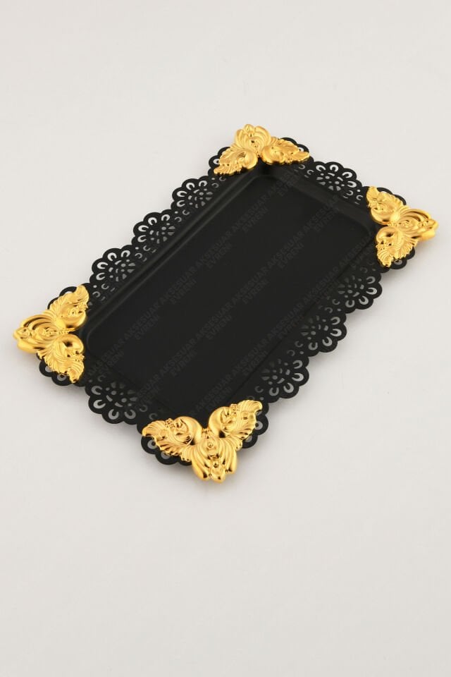 ORO Siyah Dantel Kenarlı Oyma Detaylı Dikdörtgen Dekoratif Sunum Tepsisi