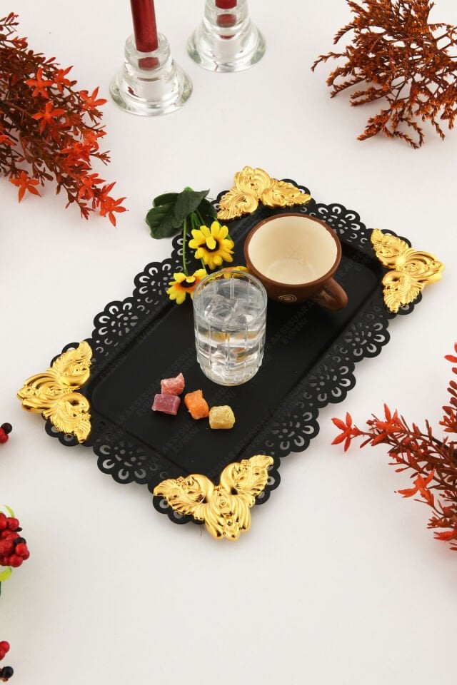 ORO Siyah Dantel Kenarlı Oyma Detaylı Dikdörtgen Dekoratif Sunum Tepsisi