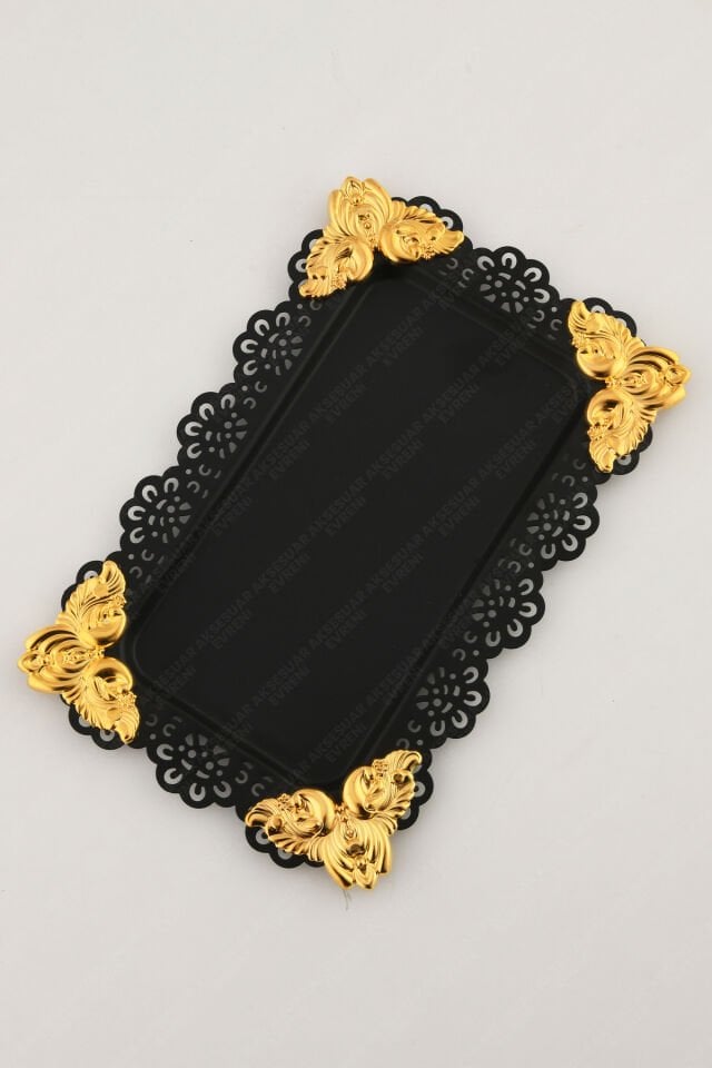 ORO Siyah Dantel Kenarlı Oyma Detaylı Dikdörtgen Dekoratif Sunum Tepsisi