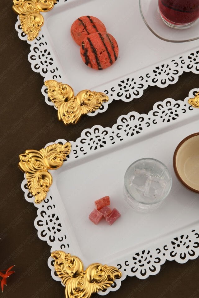 ORO Beyaz Dantel Kenarlı Oyma Detaylı Dikdörtgen 3'lü Dekoratif Sunum Tepsisi