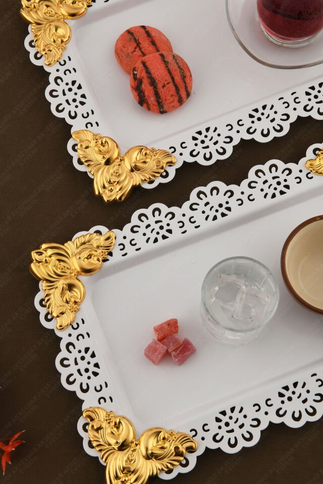 ORO Beyaz Dantel Kenarlı Oyma Detaylı Dikdörtgen 3'lü Dekoratif Sunum Tepsisi