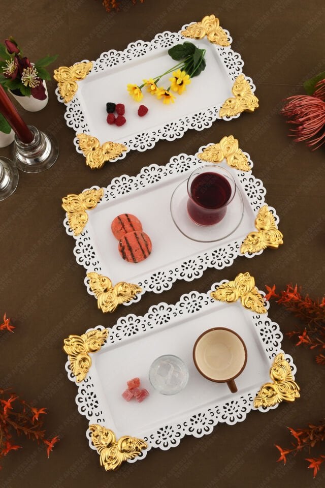 ORO Beyaz Dantel Kenarlı Oyma Detaylı Dikdörtgen 3'lü Dekoratif Sunum Tepsisi