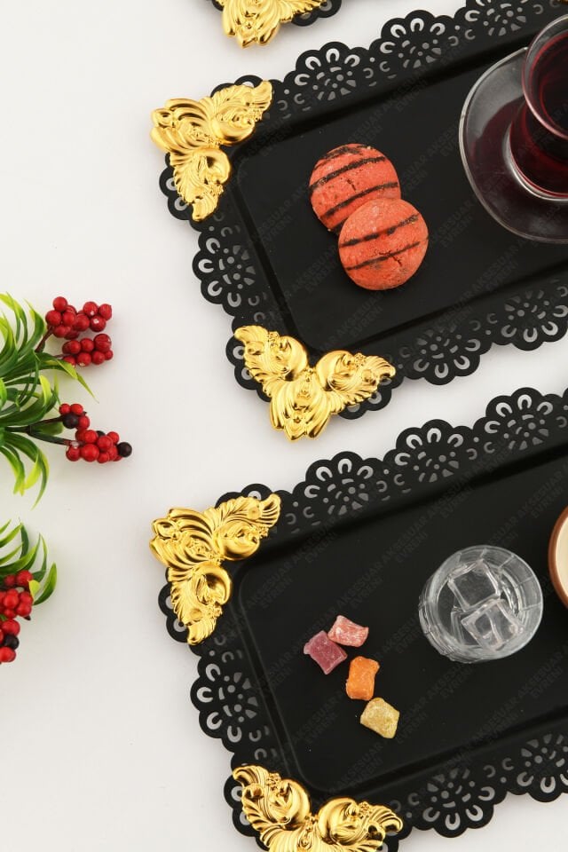 ORO Siyah Dantel Kenarlı Oyma Detaylı Dikdörtgen 3'lü Dekoratif Sunum Tepsisi