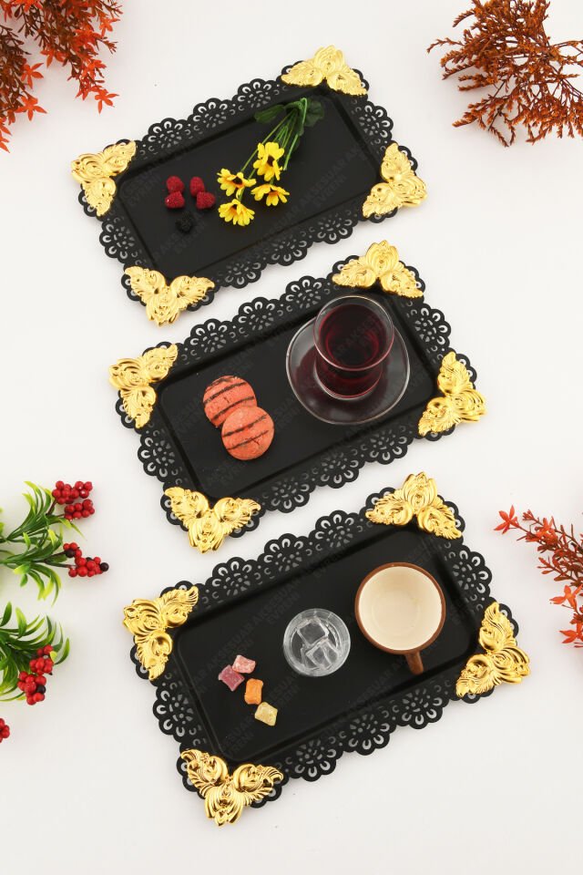 ORO Siyah Dantel Kenarlı Oyma Detaylı Dikdörtgen 3'lü Dekoratif Sunum Tepsisi