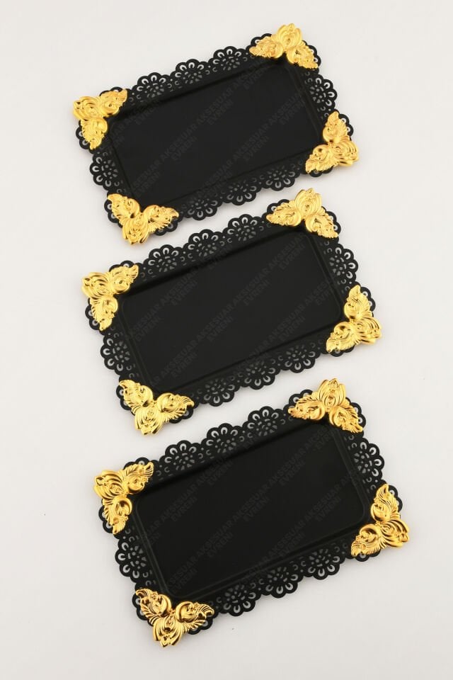 ORO Siyah Dantel Kenarlı Oyma Detaylı Dikdörtgen 3'lü Dekoratif Sunum Tepsisi