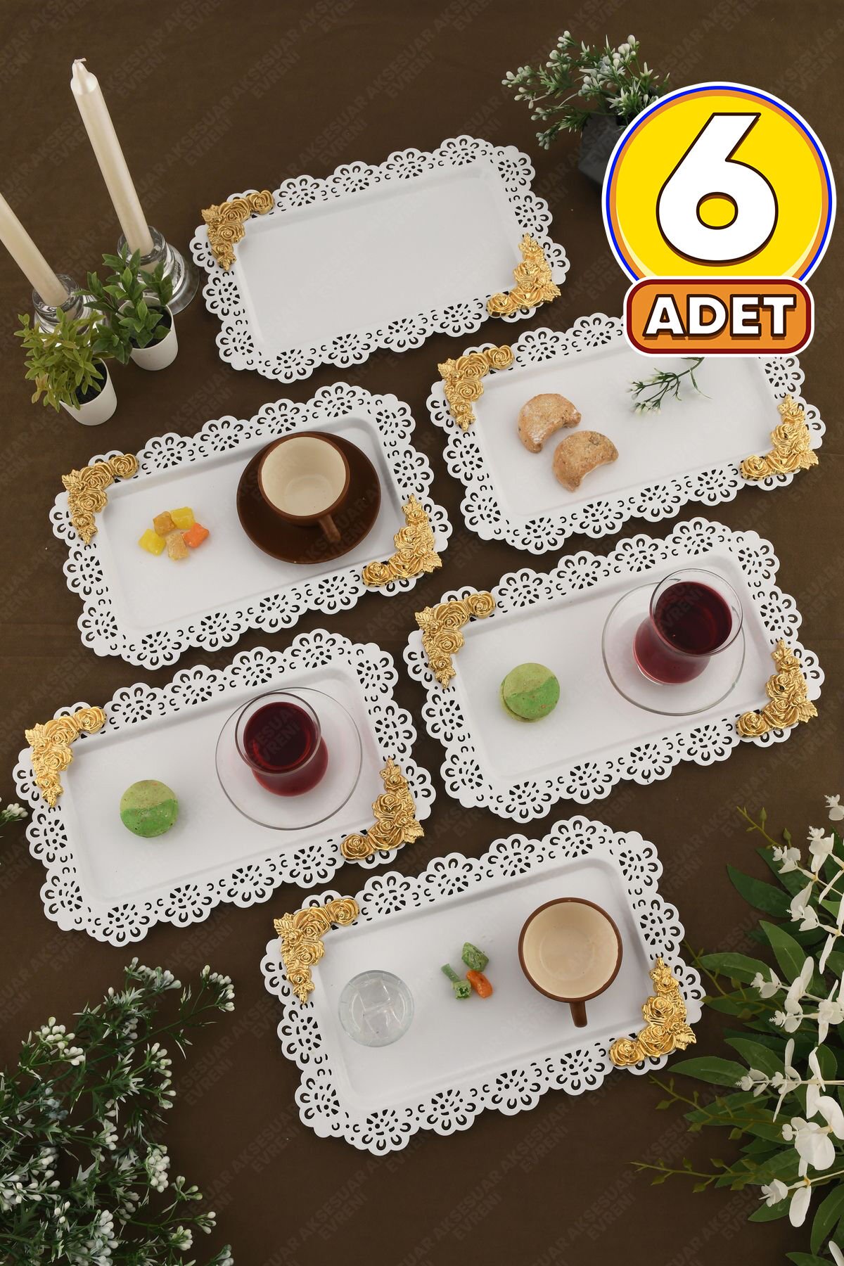 LUCE Beyaz Dantel Kenarlı Oyma Detaylı Dikdörtgen 6'lı Dekoratif Sunum Tepsisi
