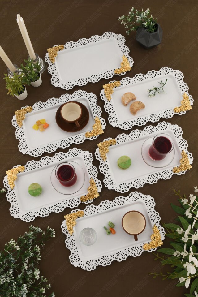 LUCE Beyaz Dantel Kenarlı Oyma Detaylı Dikdörtgen 6'lı Dekoratif Sunum Tepsisi