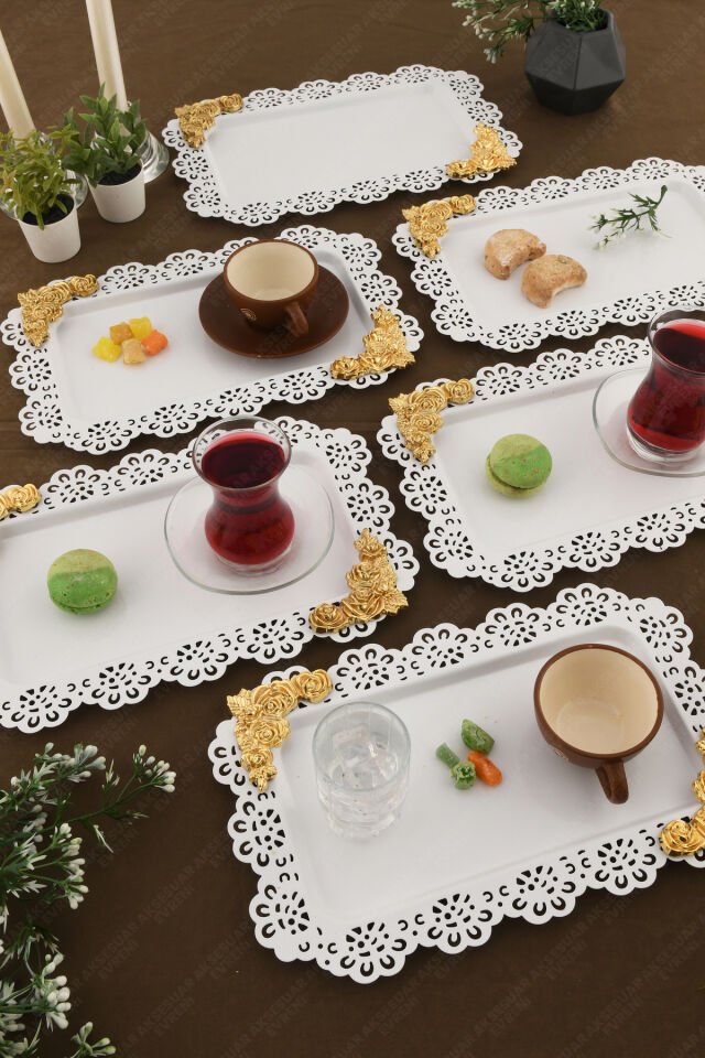 LUCE Beyaz Dantel Kenarlı Oyma Detaylı Dikdörtgen 6'lı Dekoratif Sunum Tepsisi