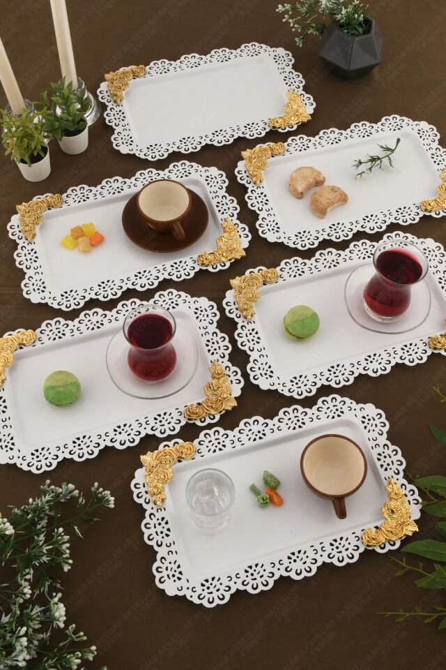 LUCE Beyaz Dantel Kenarlı Oyma Detaylı Dikdörtgen 6'lı Dekoratif Sunum Tepsisi