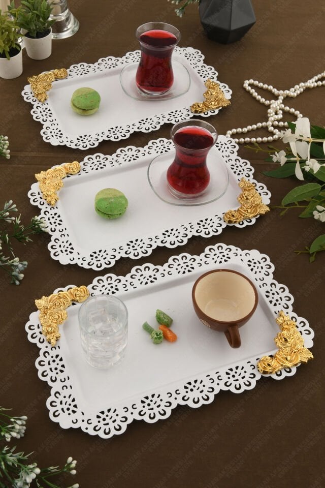 LUCE Beyaz Dantel Kenarlı Oyma Detaylı Dikdörtgen 3'lü Dekoratif Sunum Tepsisi