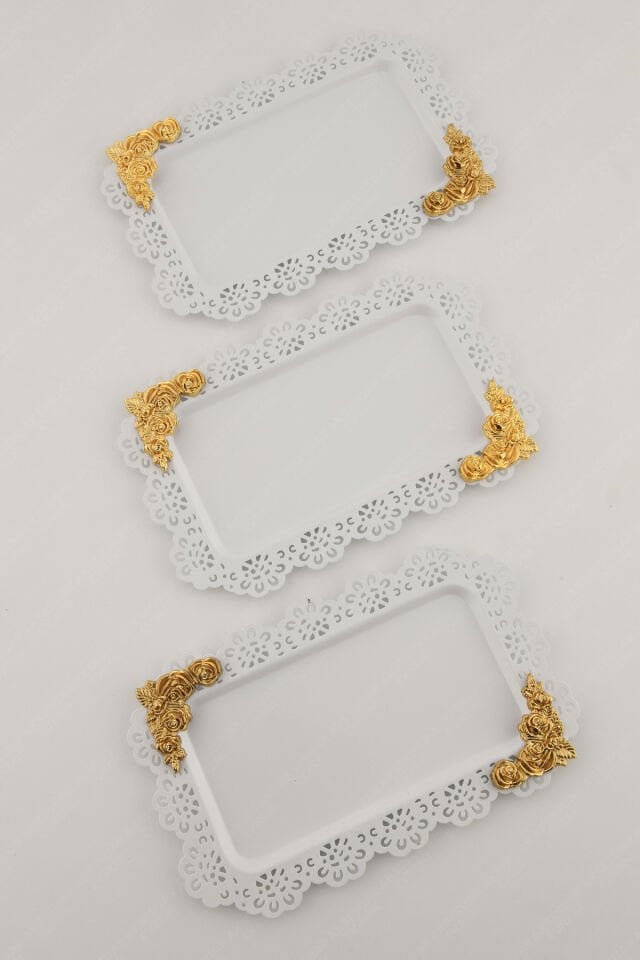 LUCE Beyaz Dantel Kenarlı Oyma Detaylı Dikdörtgen 3'lü Dekoratif Sunum Tepsisi
