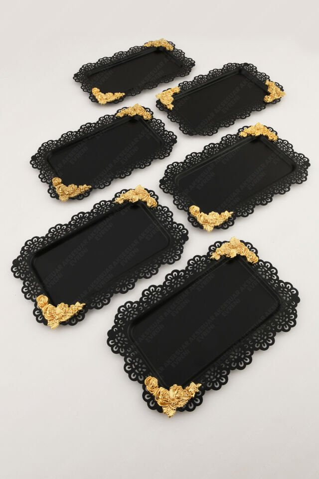 LUCE Siyah Dantel Kenarlı Oyma Detaylı Dikdörtgen 6'lı Dekoratif Sunum Tepsisi