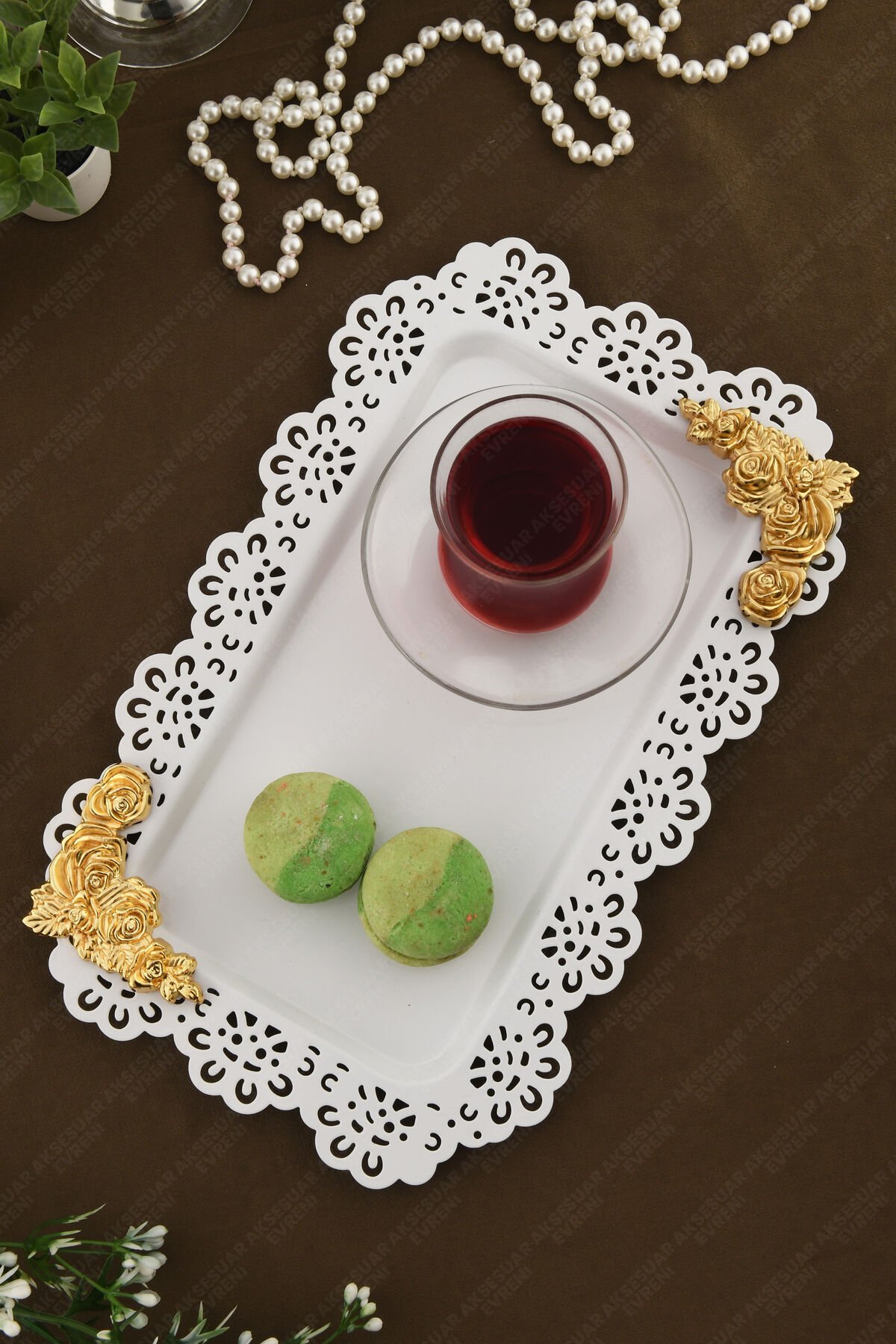 LUCE Beyaz Dantel Kenarlı Oyma Detaylı Dikdörtgen Dekoratif Sunum Tepsisi