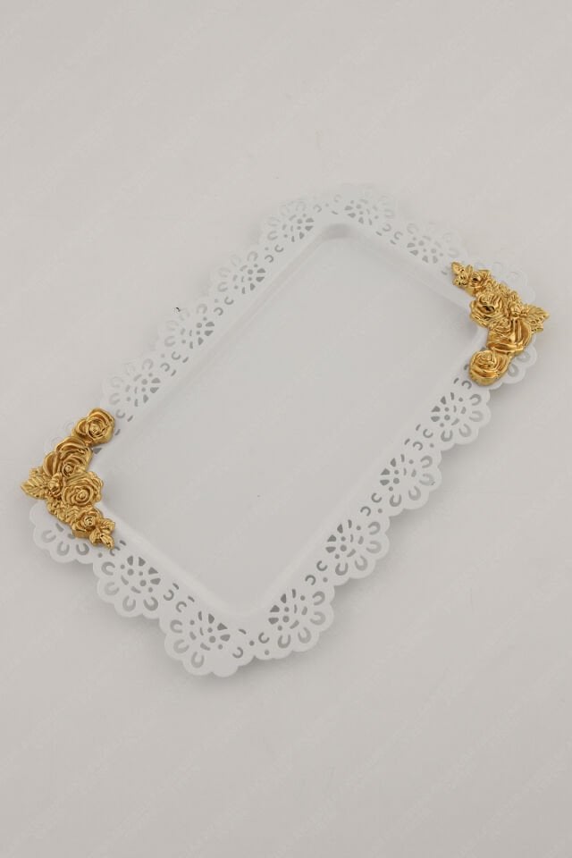 LUCE Beyaz Dantel Kenarlı Oyma Detaylı Dikdörtgen Dekoratif Sunum Tepsisi