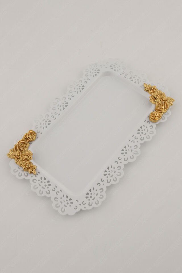 LUCE Beyaz Dantel Kenarlı Oyma Detaylı Dikdörtgen Dekoratif Sunum Tepsisi