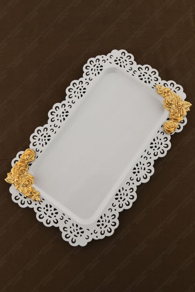 LUCE Beyaz Dantel Kenarlı Oyma Detaylı Dikdörtgen Dekoratif Sunum Tepsisi