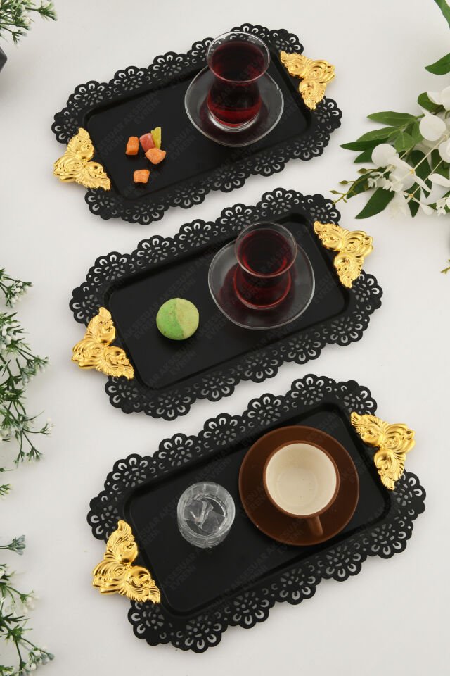 SETA Siyah Dantel Kenarlı Oyma Detaylı Gold Aksesuar Kulplu Dikdörtgen 3'lü Sunum Tepsisi