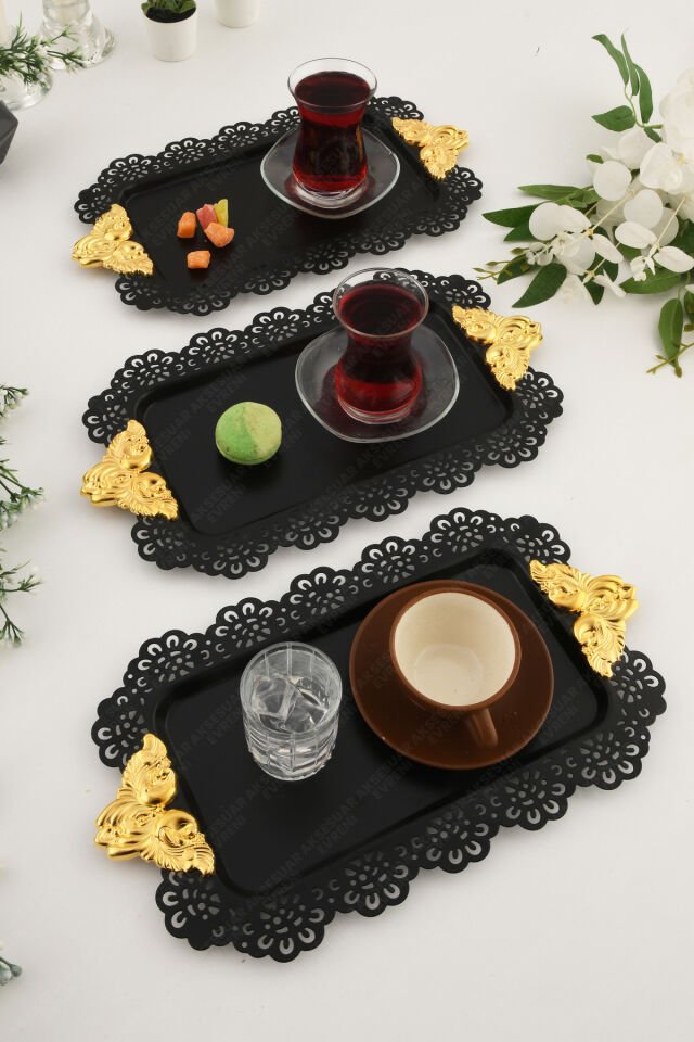 SETA Siyah Dantel Kenarlı Oyma Detaylı Gold Aksesuar Kulplu Dikdörtgen 3'lü Sunum Tepsisi