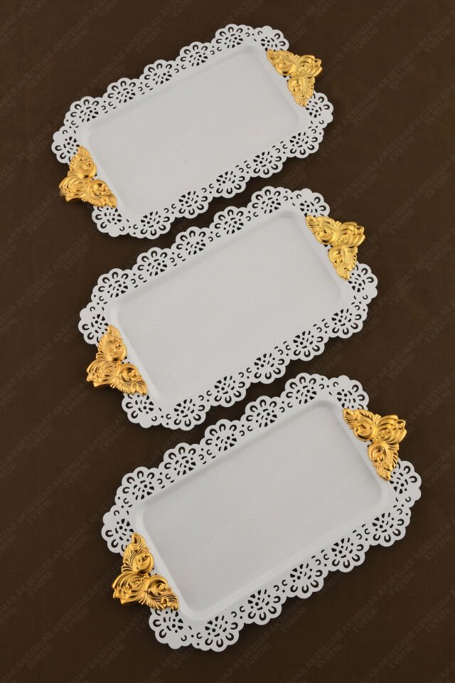SETA Beyaz Dantel Kenarlı Oyma Detaylı Gold Aksesuar Kulplu Dikdörtgen 3'lü Sunum Tepsisi