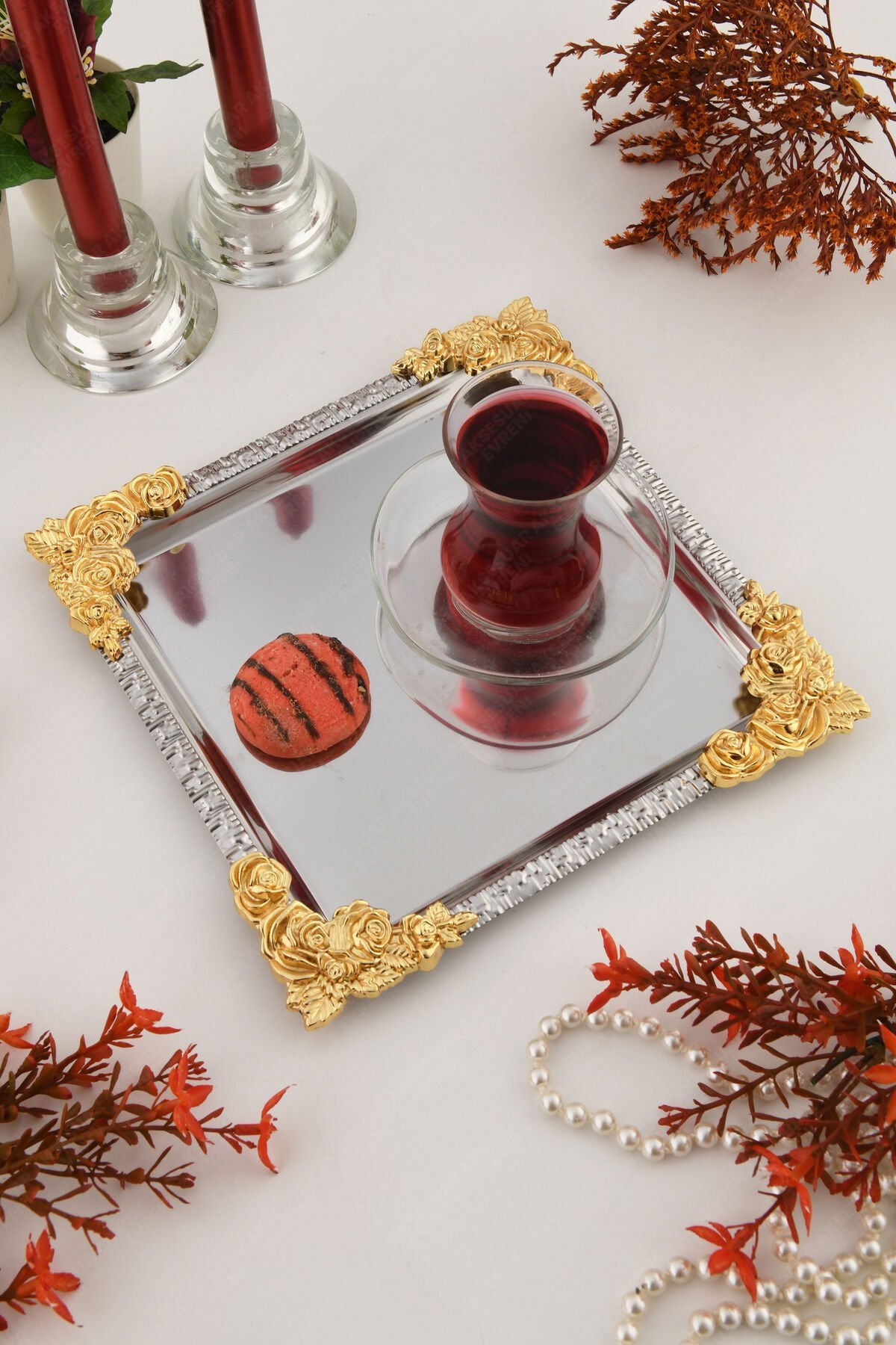 ALVE Gümüş Gold Çiçek Desenli Paslanmaz Dekoratif Kare Sunumluk Tepsi