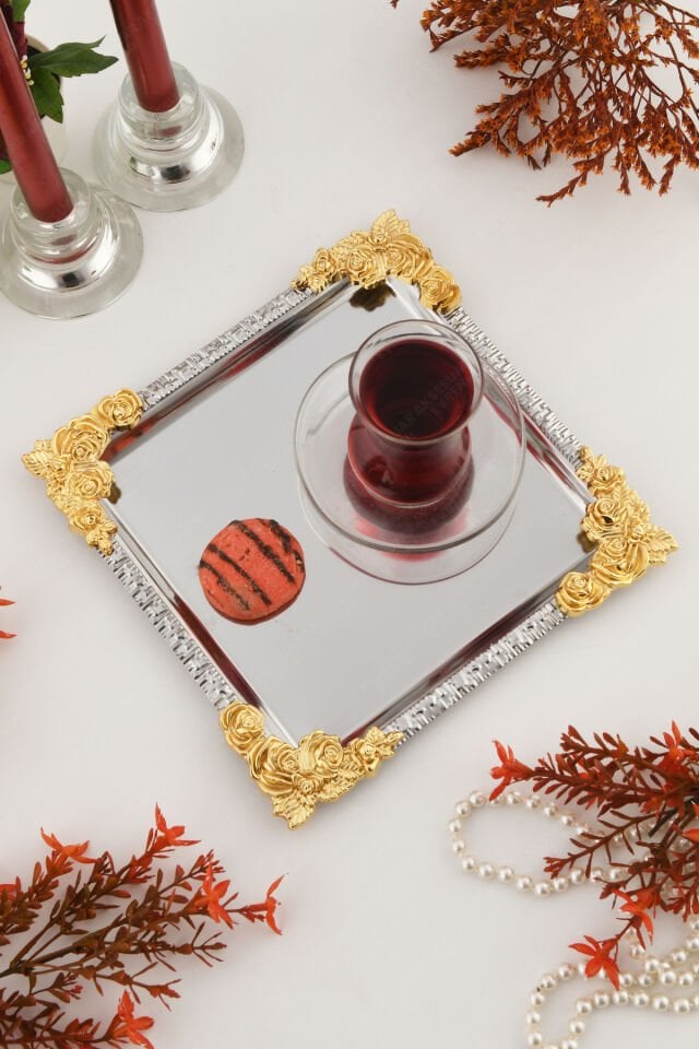 ALVE Gümüş Gold Çiçek Desenli Paslanmaz Dekoratif Kare Sunumluk Tepsi