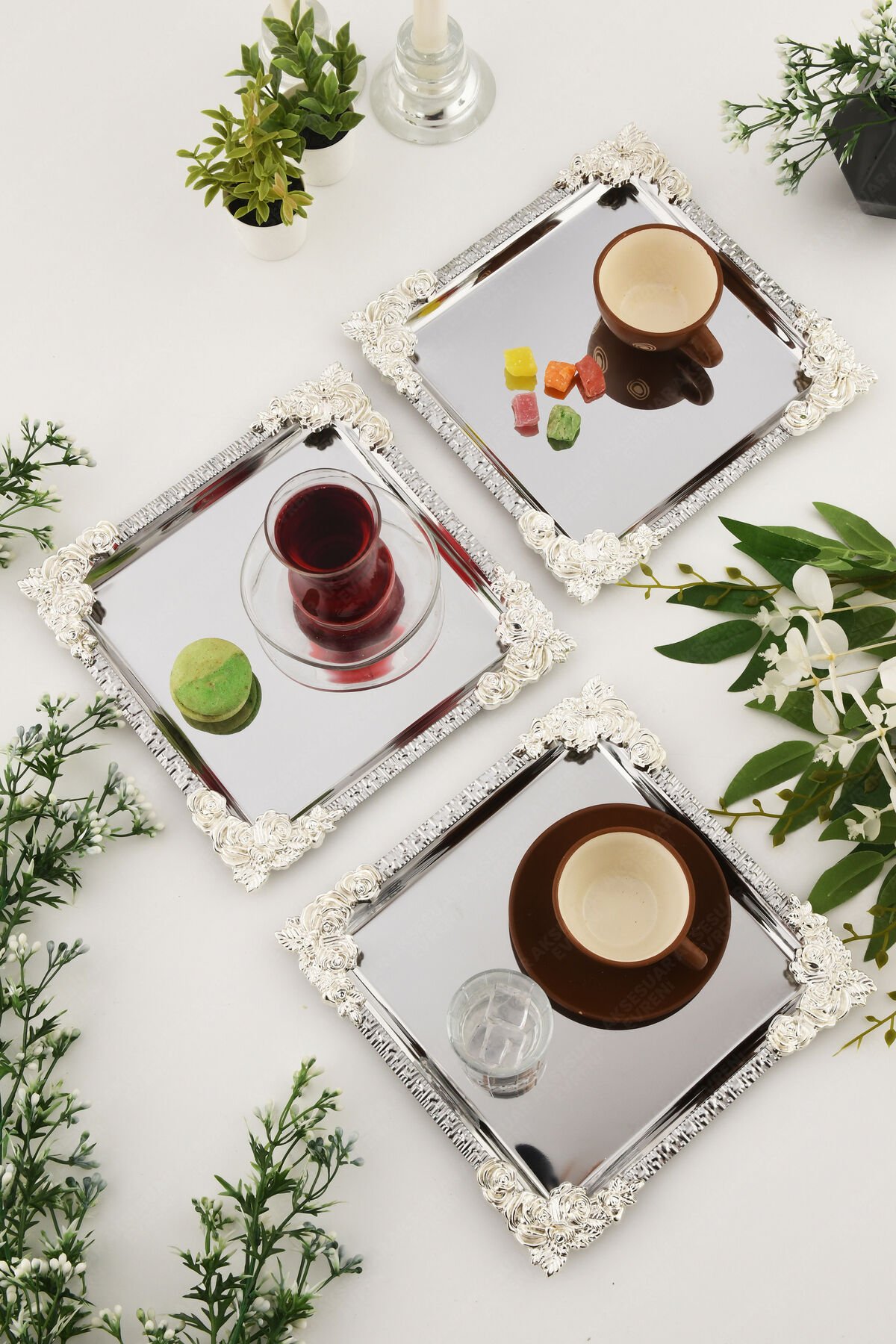 ALVE Gümüş Çiçek Desenli Paslanmaz 3'lü Dekoratif Kare Sunumluk Tepsi