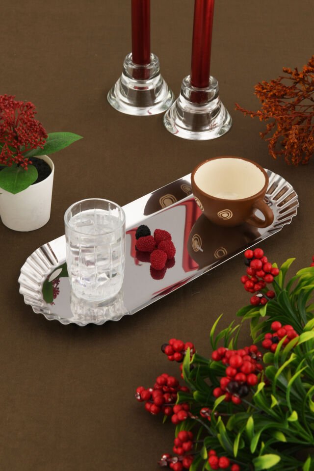 Davin Dekoratif Paslanmaz Oval Kenarları Tırtıklı 1 Adet Sunum Tepsisi