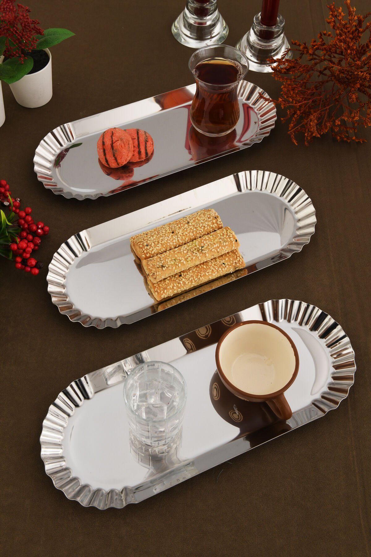 Davin Dekoratif Paslanmaz Oval Kenarları Tırtıklı 3 Adet Sunum Tepsisi