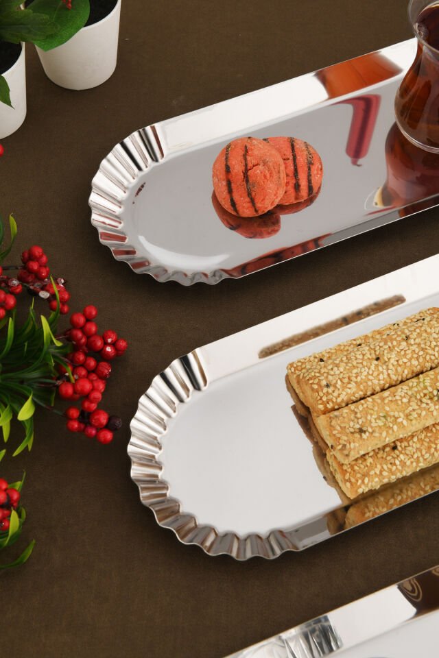 Davin Dekoratif Paslanmaz Oval Kenarları Tırtıklı 3 Adet Sunum Tepsisi