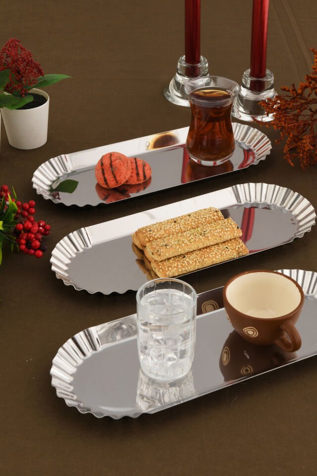 Davin Dekoratif Paslanmaz Oval Kenarları Tırtıklı 3 Adet Sunum Tepsisi