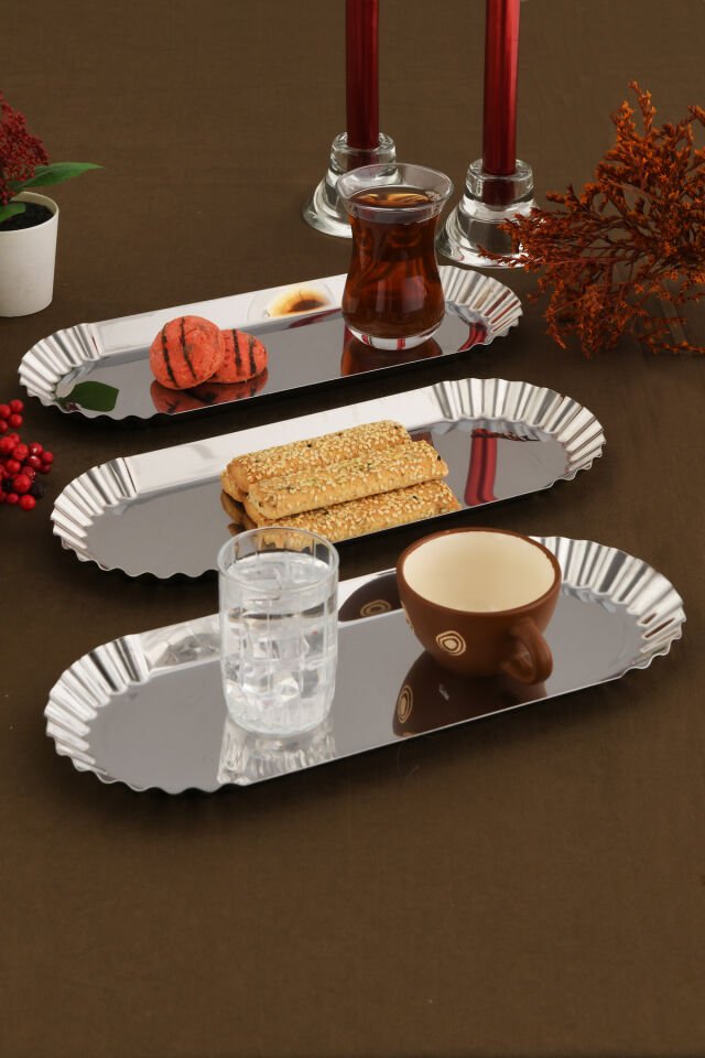 Davin Dekoratif Paslanmaz Oval Kenarları Tırtıklı 3 Adet Sunum Tepsisi