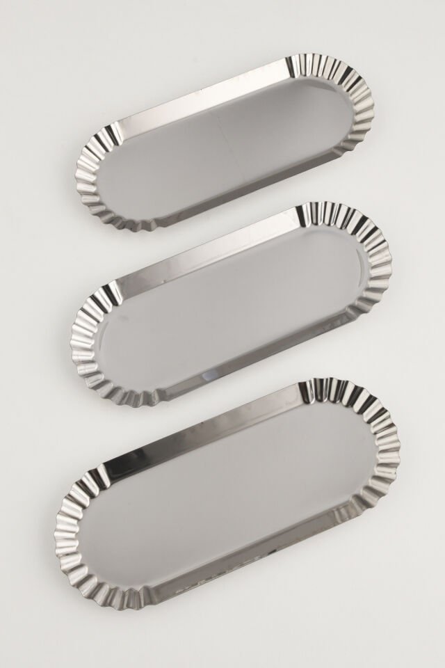Davin Dekoratif Paslanmaz Oval Kenarları Tırtıklı 3 Adet Sunum Tepsisi