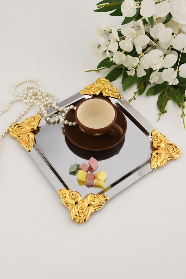 Pietra Paslanmaz Kare 4 Köşesi Sarı Çiçek Detaylı 1 Adet Sunum Tepsisi