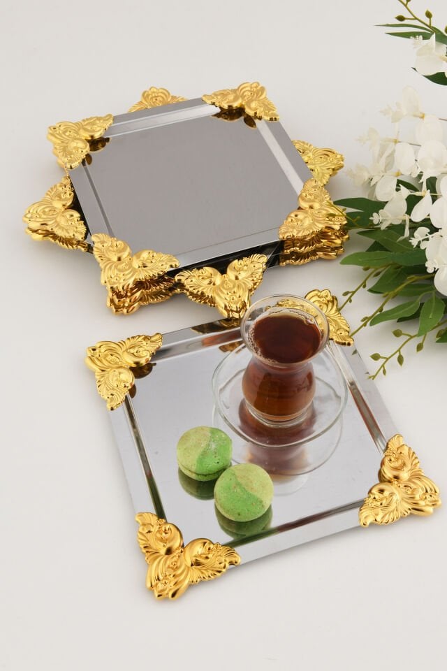 Pietra Paslanmaz Kare 4 Köşesi Sarı Çiçek Detaylı 3 Adet Sunum Tepsisi