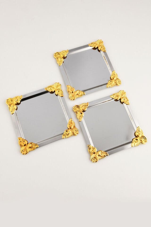 Pietra Paslanmaz Kare 4 Köşesi Sarı Çiçek Detaylı 3 Adet Sunum Tepsisi