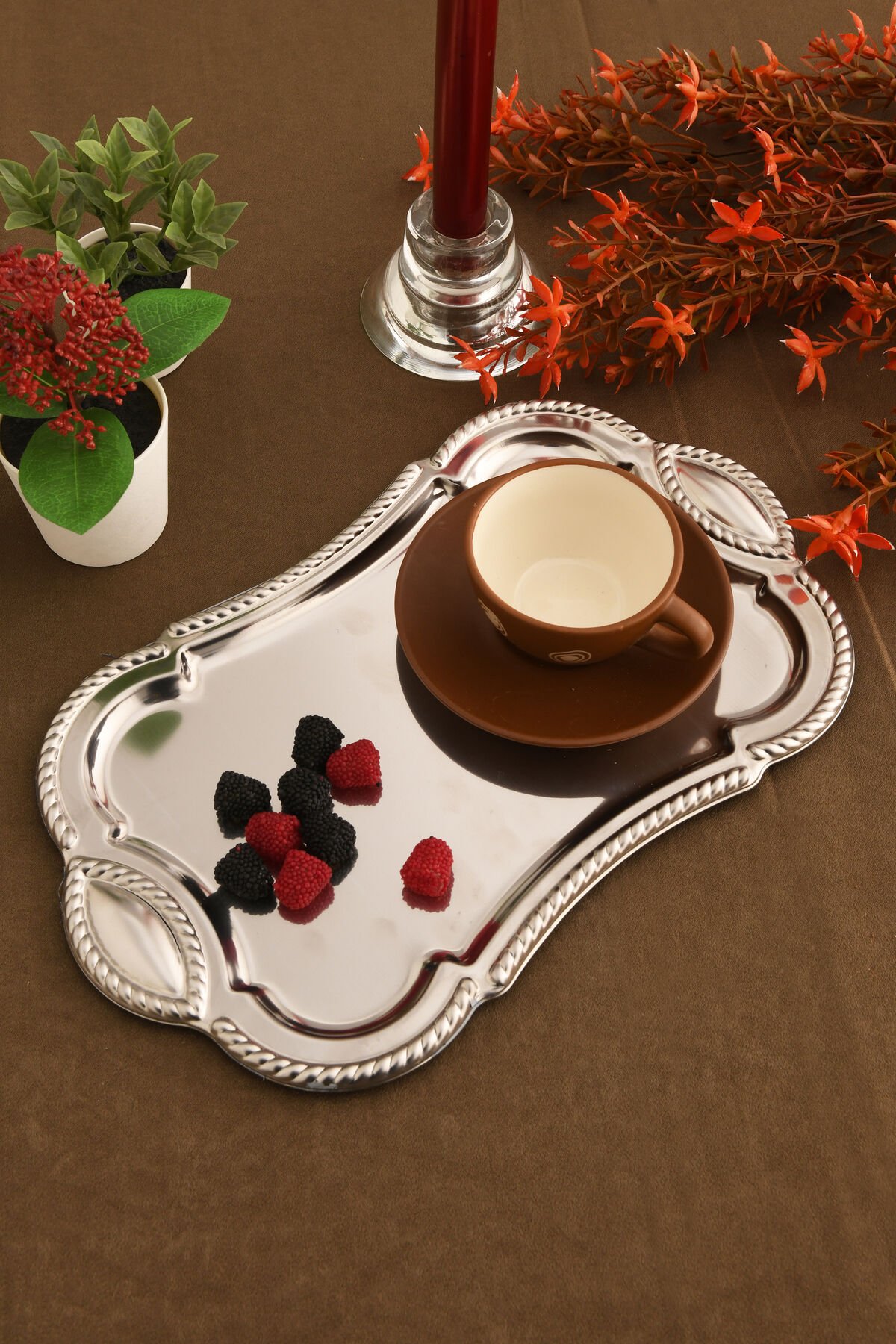 Liven Paslanmaz Dikdörtgen Burgu Desen Sunum Tepsisi Gümüş 1 Adet