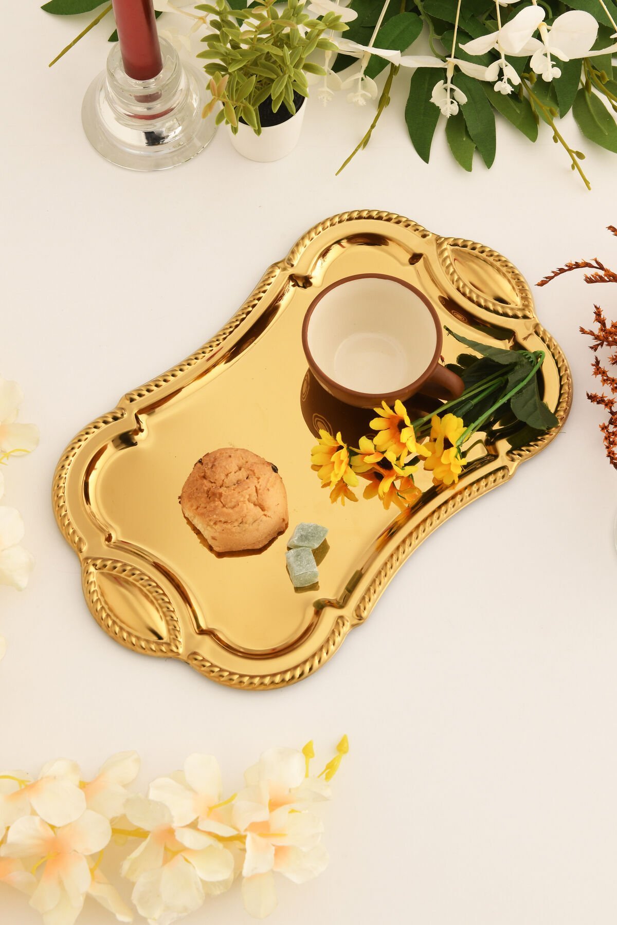 Liven Paslanmaz Dikdörtgen Burgu Desen Sunum Tepsisi Gold 1 Adet