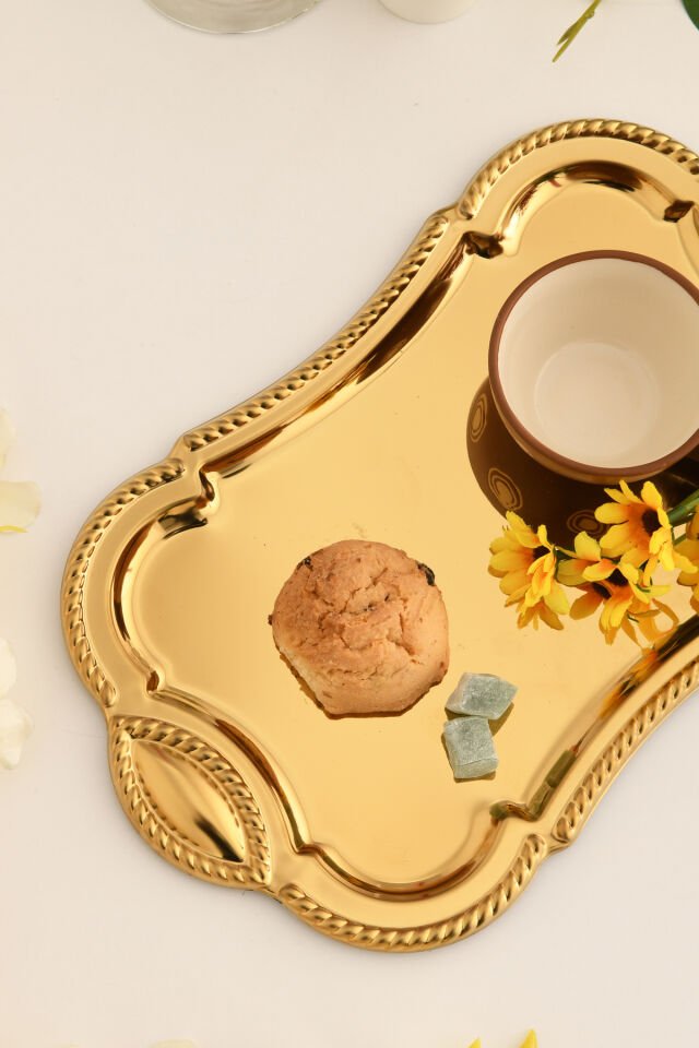 Liven Paslanmaz Dikdörtgen Burgu Desen Sunum Tepsisi Gold 1 Adet