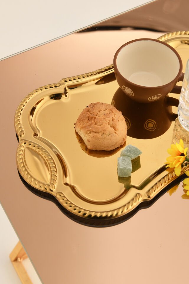 Liven Paslanmaz Dikdörtgen Burgu Desen Sunum Tepsisi Gold 1 Adet