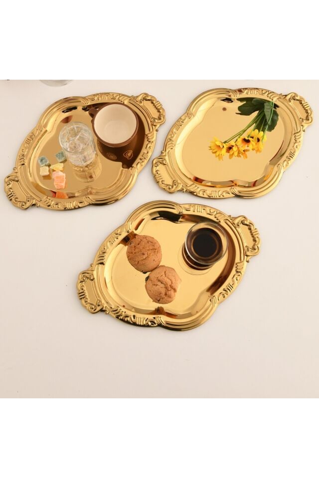 Elvir Paslanmaz Osmanlı Desen Sunum Tepsisi Gold 3 Lü Takım