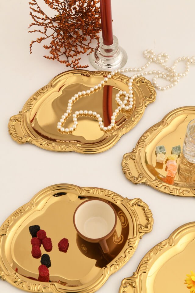 Elvir Paslanmaz Osmanlı Desen Sunum Tepsisi Gold 3 Lü Takım