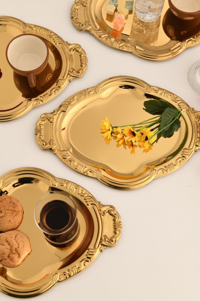 Elvir Paslanmaz Osmanlı Desen Sunum Tepsisi Gold 3 Lü Takım