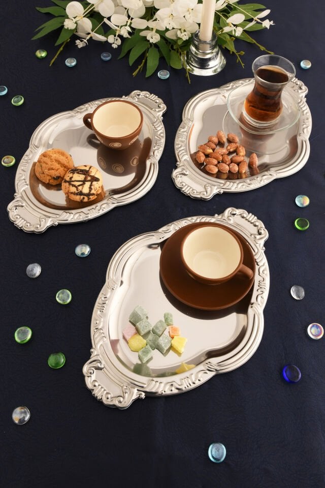 Elvir Paslanmaz Osmanlı Desen Sunum Tepsisi Gümüş 3 Lü Takım