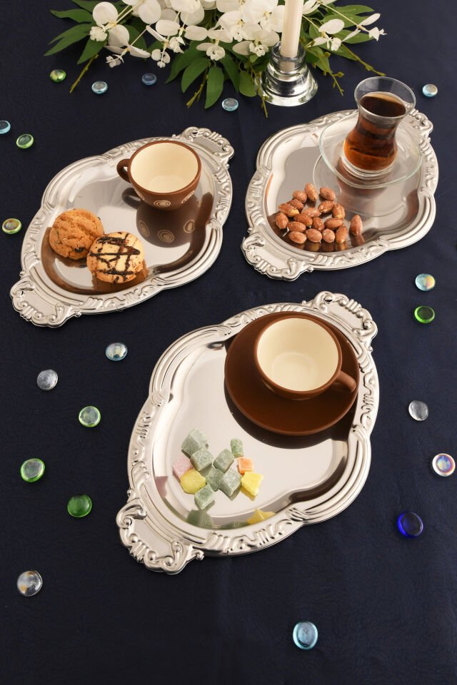 Elvir Paslanmaz Osmanlı Desen Sunum Tepsisi Gümüş 3 Lü Takım