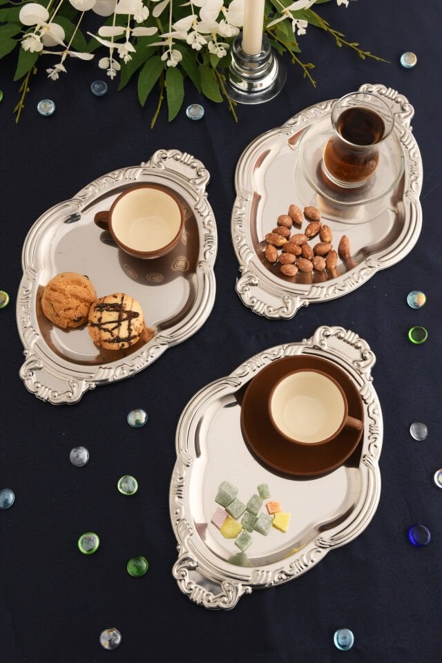 Elvir Paslanmaz Osmanlı Desen Sunum Tepsisi Gümüş 3 Lü Takım