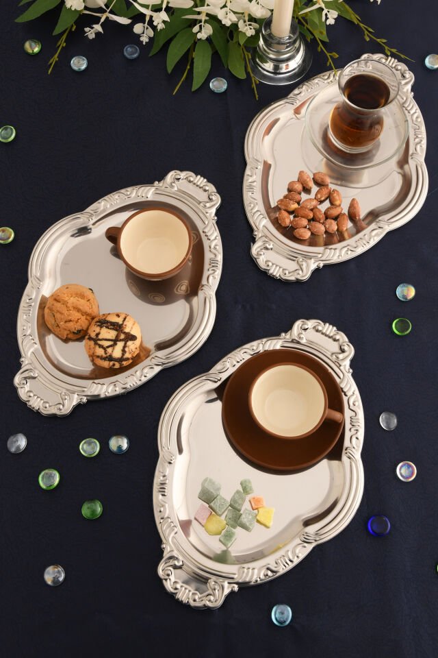 Elvir Paslanmaz Osmanlı Desen Sunum Tepsisi Gümüş 3 Lü Takım