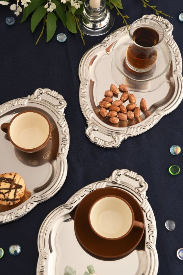 Elvir Paslanmaz Osmanlı Desen Sunum Tepsisi Gümüş 3 Lü Takım