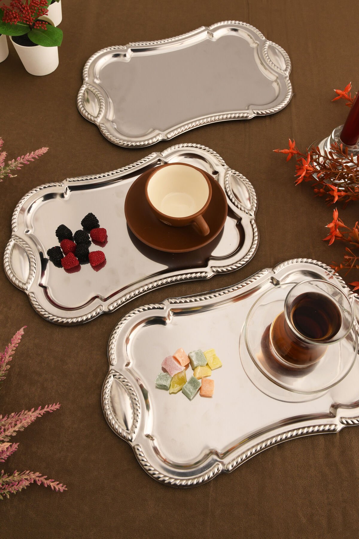 Liven Paslanmaz Dikdörtgen Burgu Desen Sunum Tepsisi Gümüş 3 Lü Takım