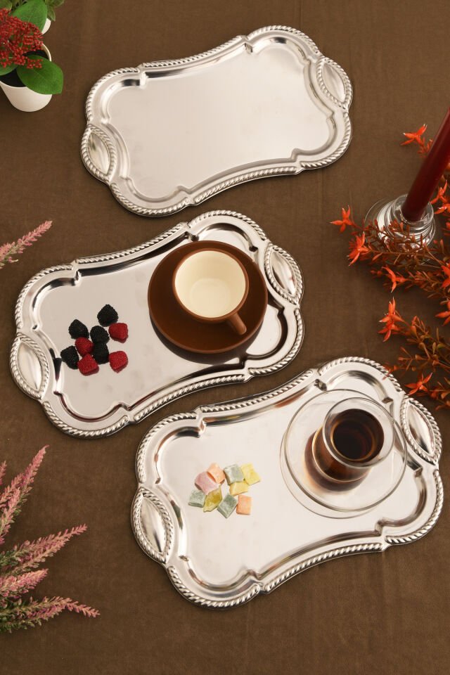 Liven Paslanmaz Dikdörtgen Burgu Desen Sunum Tepsisi Gümüş 3 Lü Takım